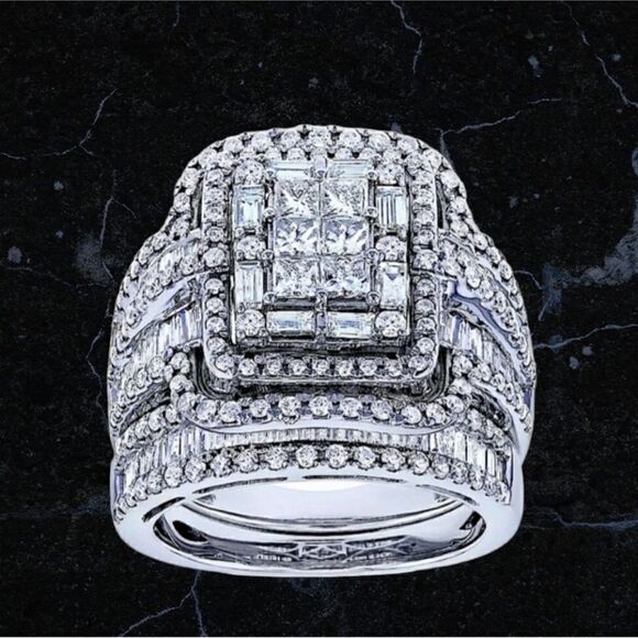 4Ct Round Cut Diamond Engagement 14k White Gold Plated Multi Band Diamond Ring - Picture 7 of 17
